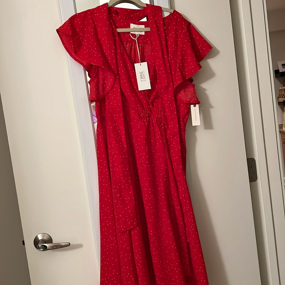 $298 NEW Anthropologie McGuire Red Polka Dot Wrap Dress Flutter Sleeve